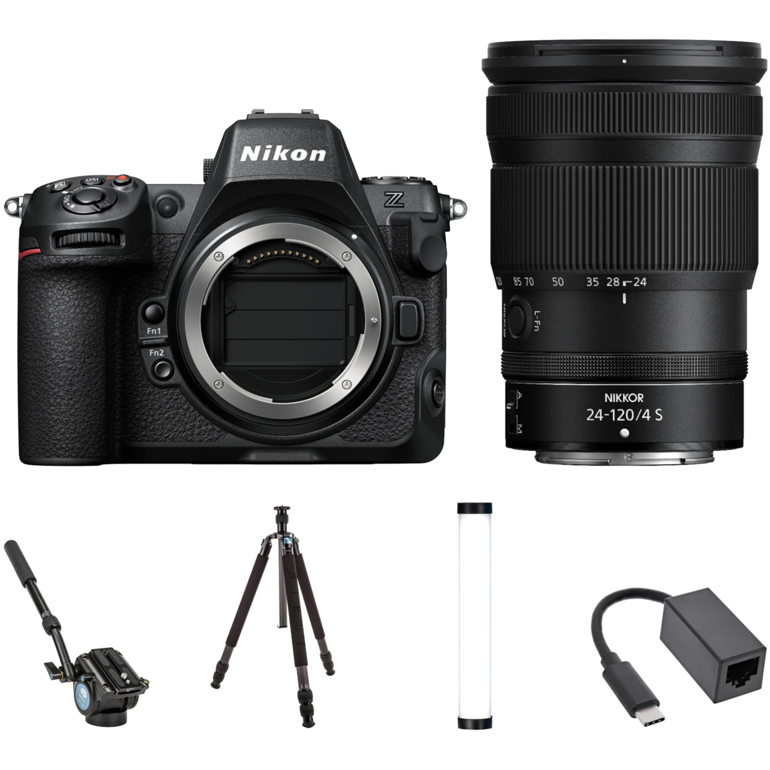 Nikon Z8 mit NIKKOR Z 24-120mm F4 S, Stativ, Studiolampe, Fieldmonitor, Smartphone-Teleprompter und Netzwerkadapter