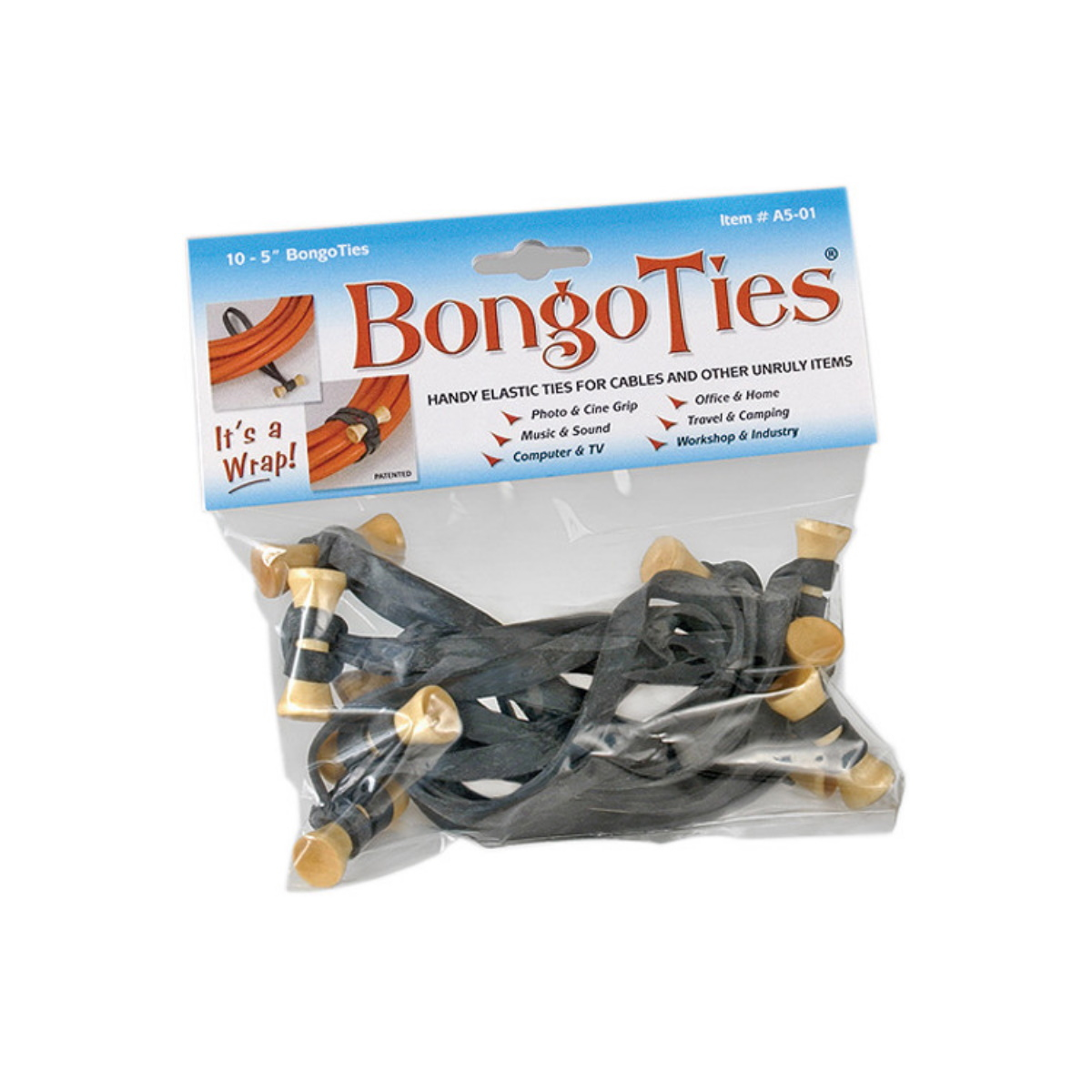 Bongo Ties Wiederverwendbare Kabelschlaufen, 10er Pack, schwarz