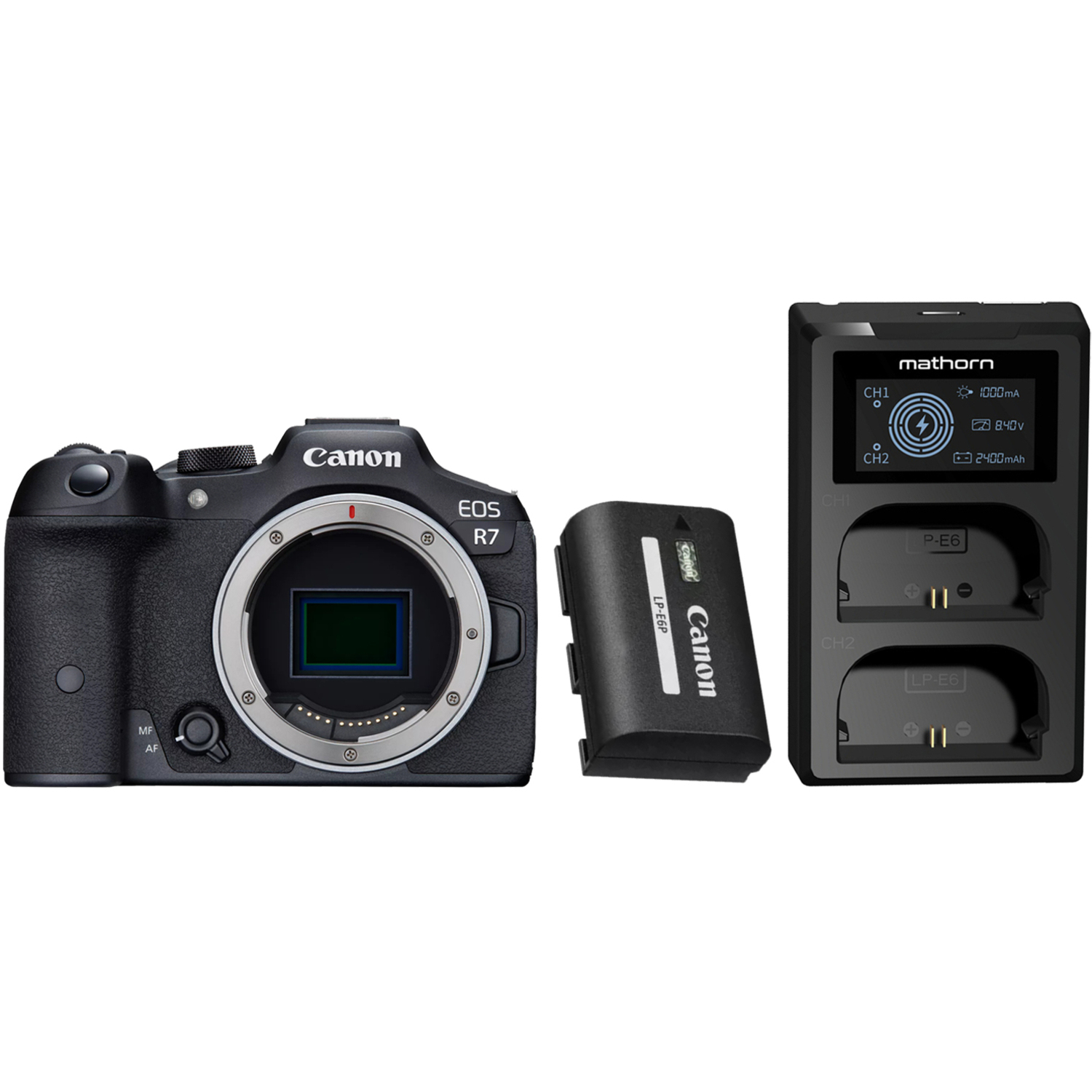 Canon EOS R7 mit Akku LP-E6P und Mathorn Dual-Akkuladegerät MBC-D200