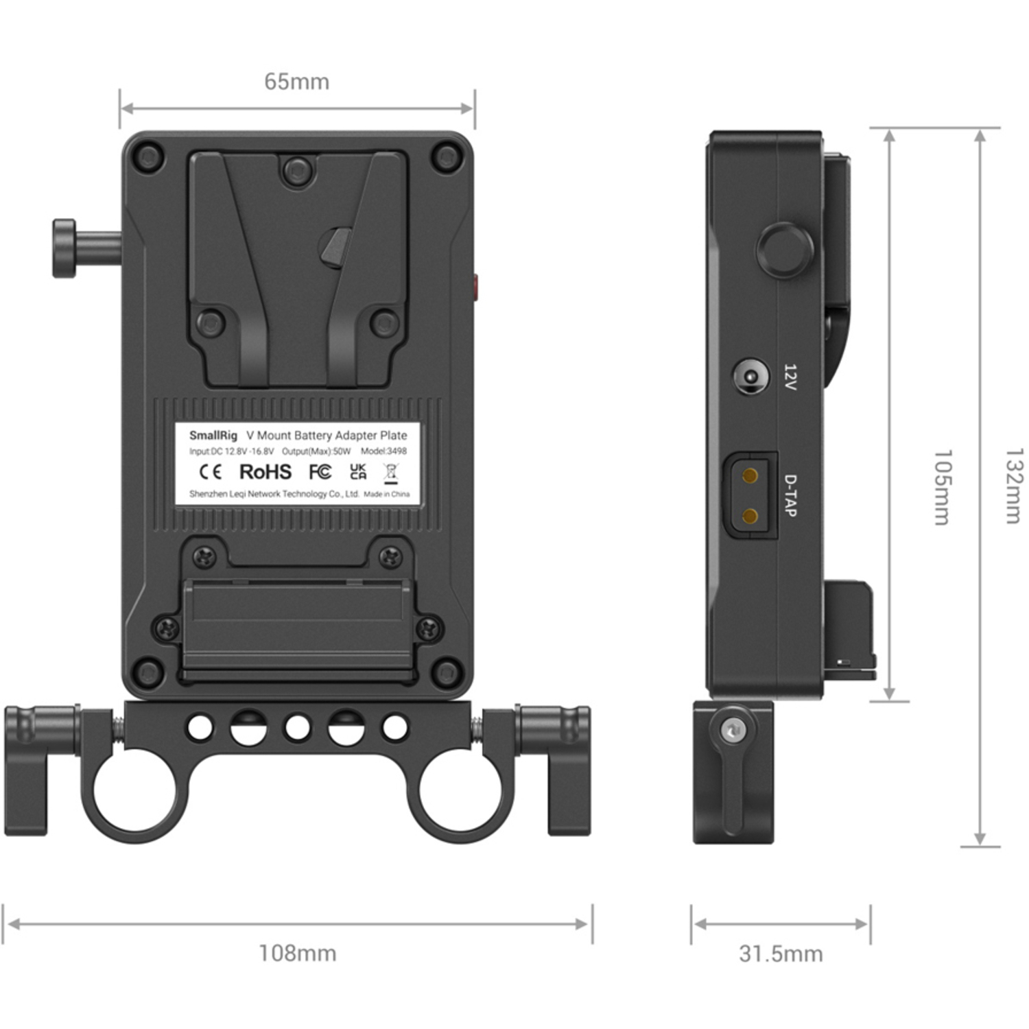 SmallRig V-Mount Batterieadapter-Platte mit doppelter Stabklemme 3498B