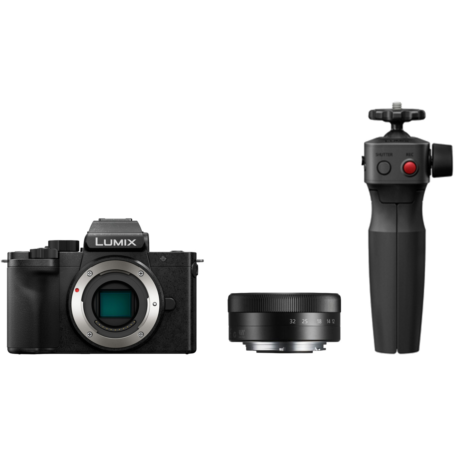 Panasonic LUMIX DC-G100D mit LUMIX G VARIO 12-32mm F3.5-5.6 Asph. OIS und Stativ-Griff