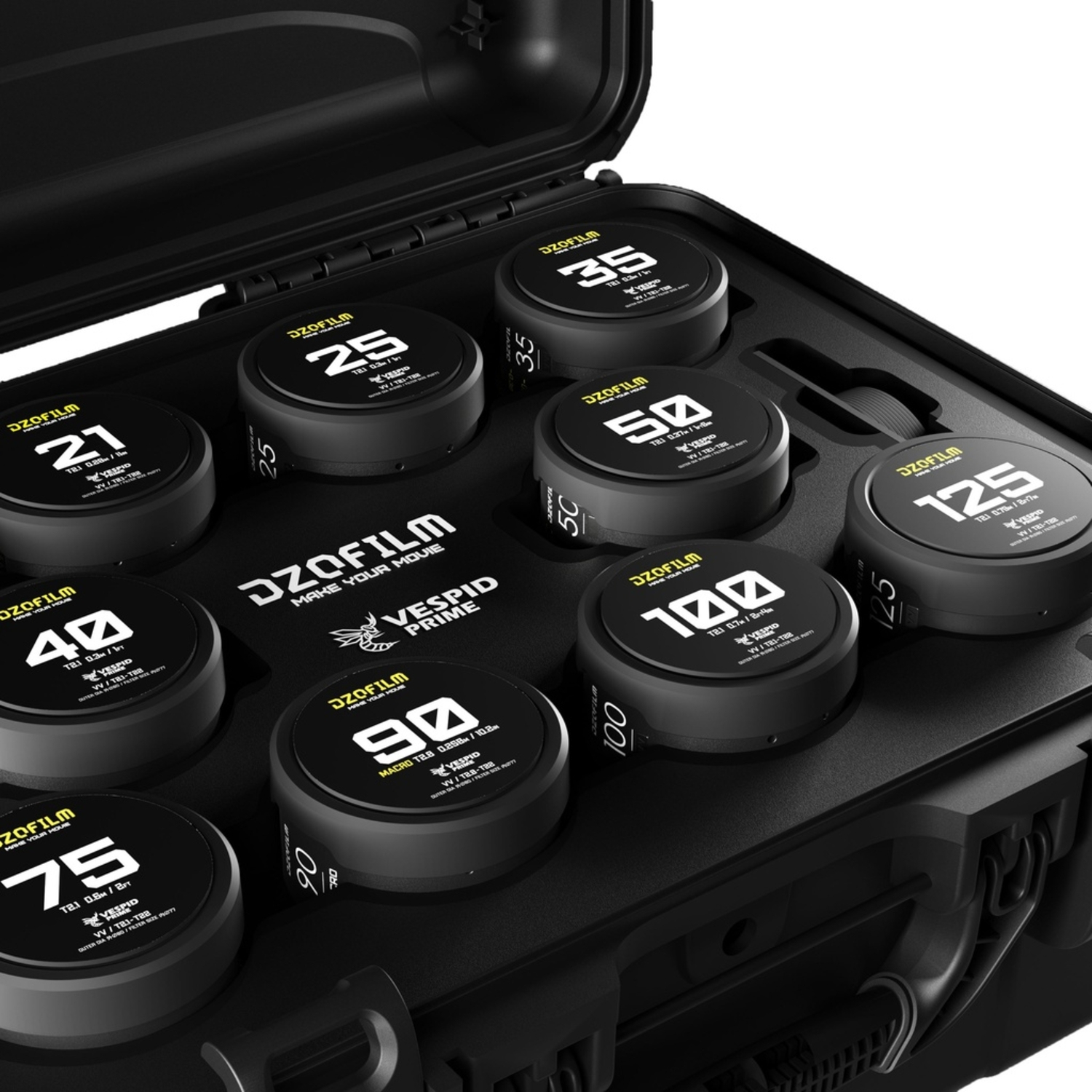 DZOFILM VESPID PRIME 10-Lens Kit 21/25/35/40/50/75/100/125mm T2.1 mit 16mm T2.8 und Makro 90 T2.8 für PL/EF-Mount