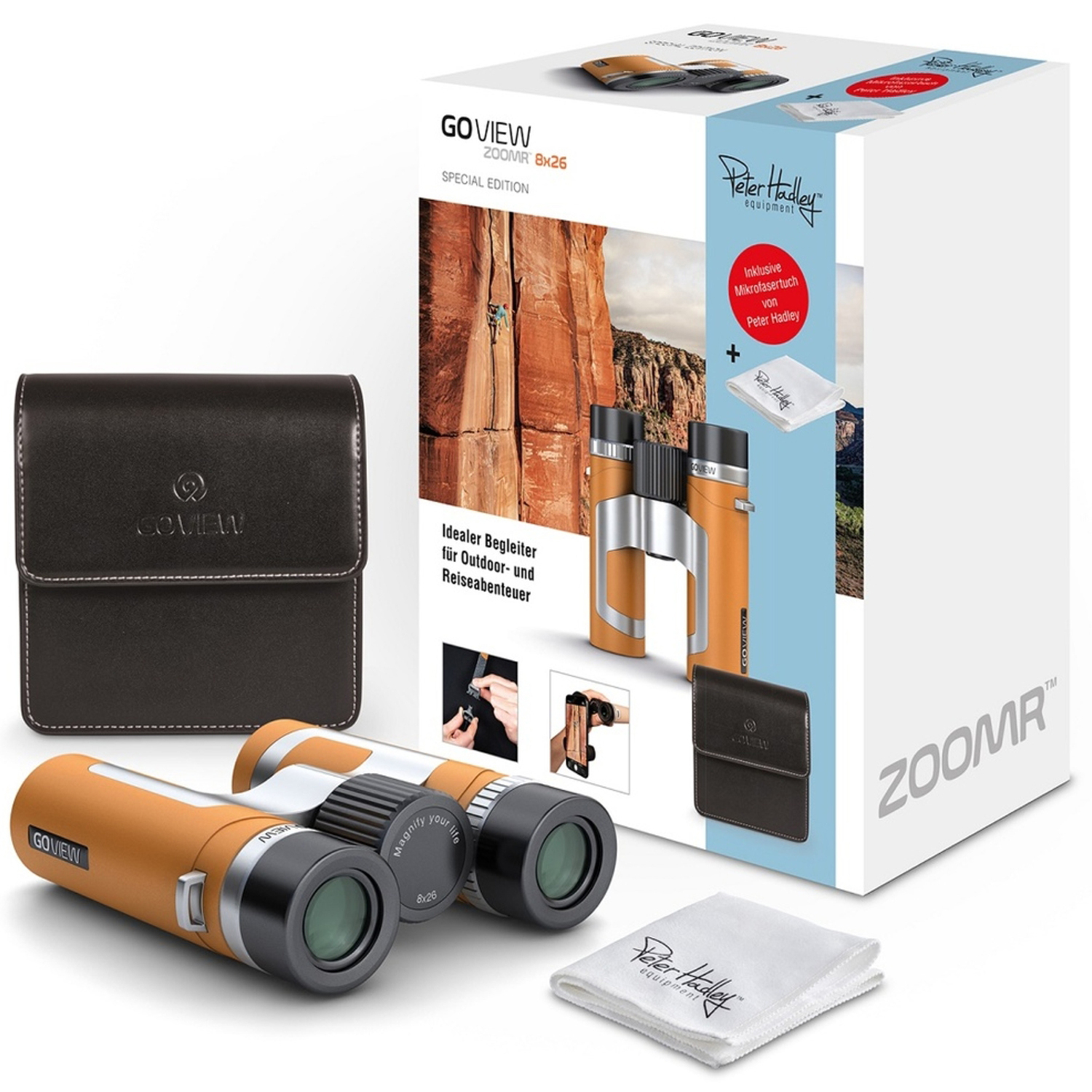 GoView ZOOMR 8x26 Sunset orange Special Edition Fernglas mit Peter Hadley Tuch