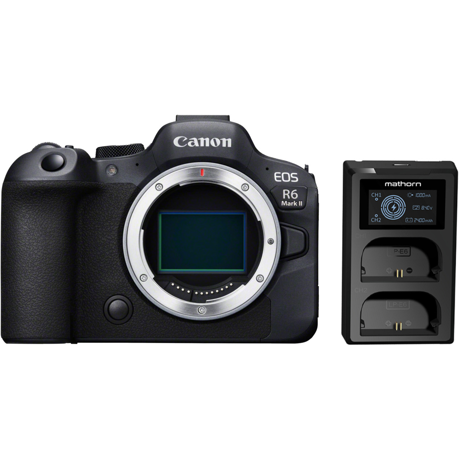 Canon EOS R6 Mark II mit Mathorn Dual-Akkuladegerät MBC-D200 für LP-E6P