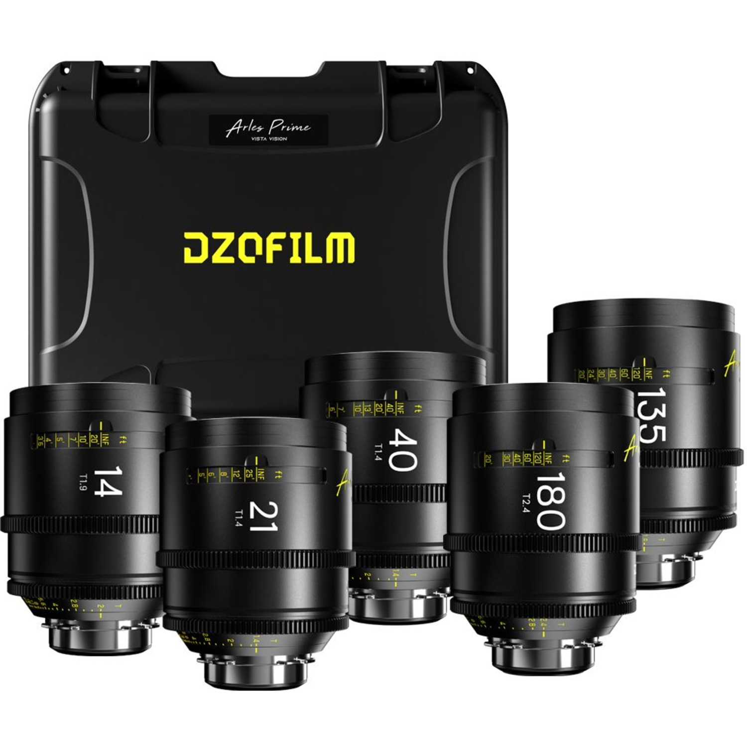 DZOFILM ARLES PRIME 5 Lens Kit 14mm T1.9, 21/40mm T1.4, 135mm T1.8 und 180mm T2.4 (FF/VV) Metric für PL-Mount