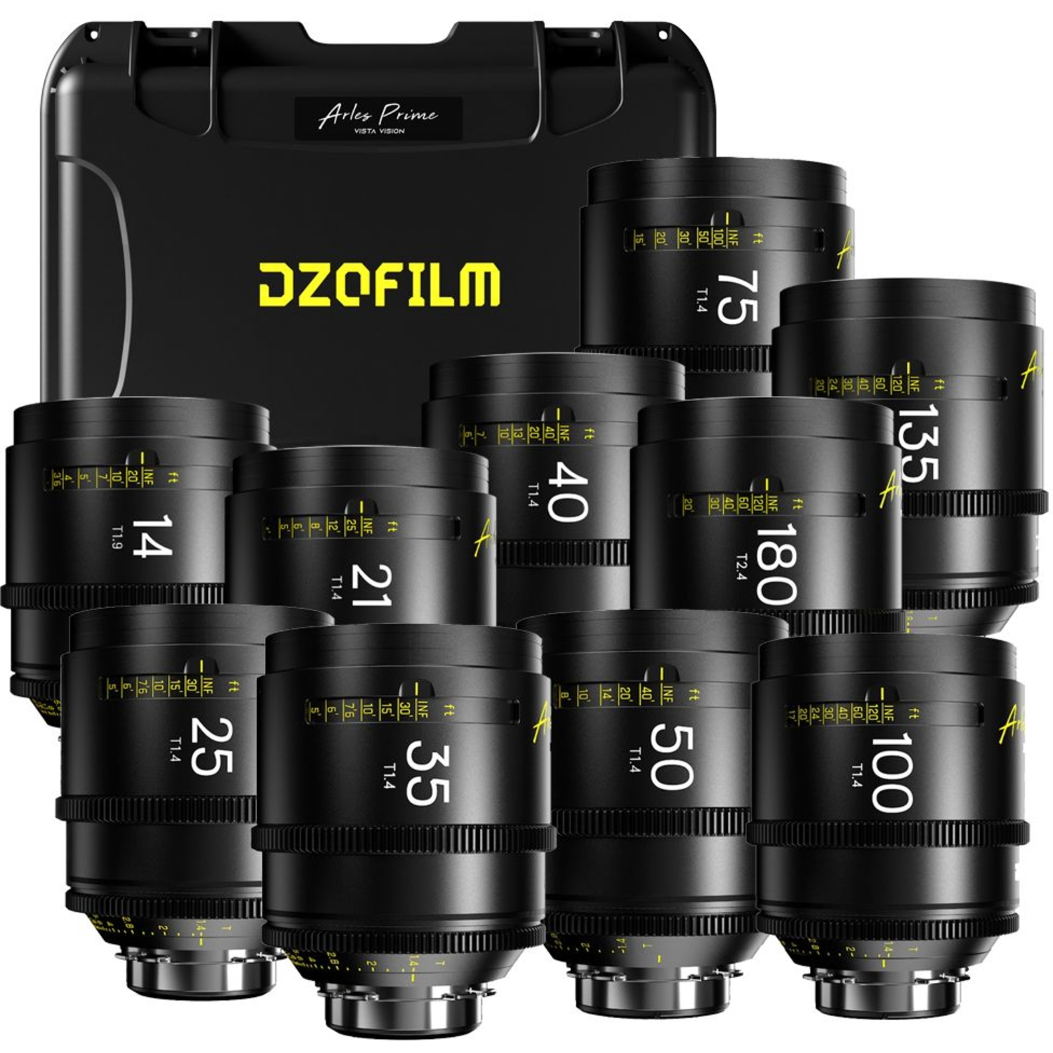 DZOFILM ARLES PRIME 10 Lens Kit 14mm T1.9, 21/25/35/40/50/75/100mm T1.4, 135mm T1.8 und 180mm T2.4 (FF/VV) Metric für PL-Mount