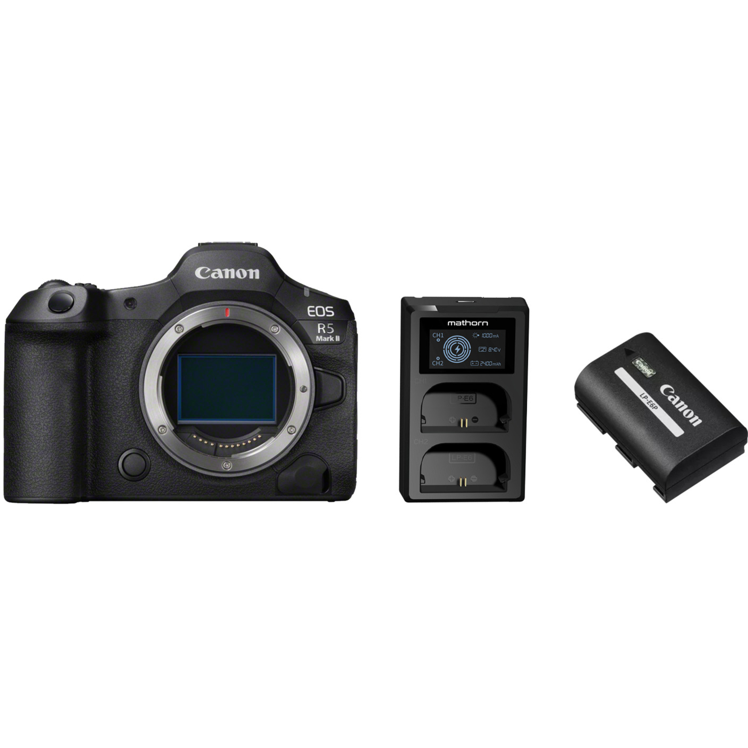 Canon EOS R5 Mark II mit Akku LP-E6P und Mathorn Dual-Akkuladegerät MBC-D200