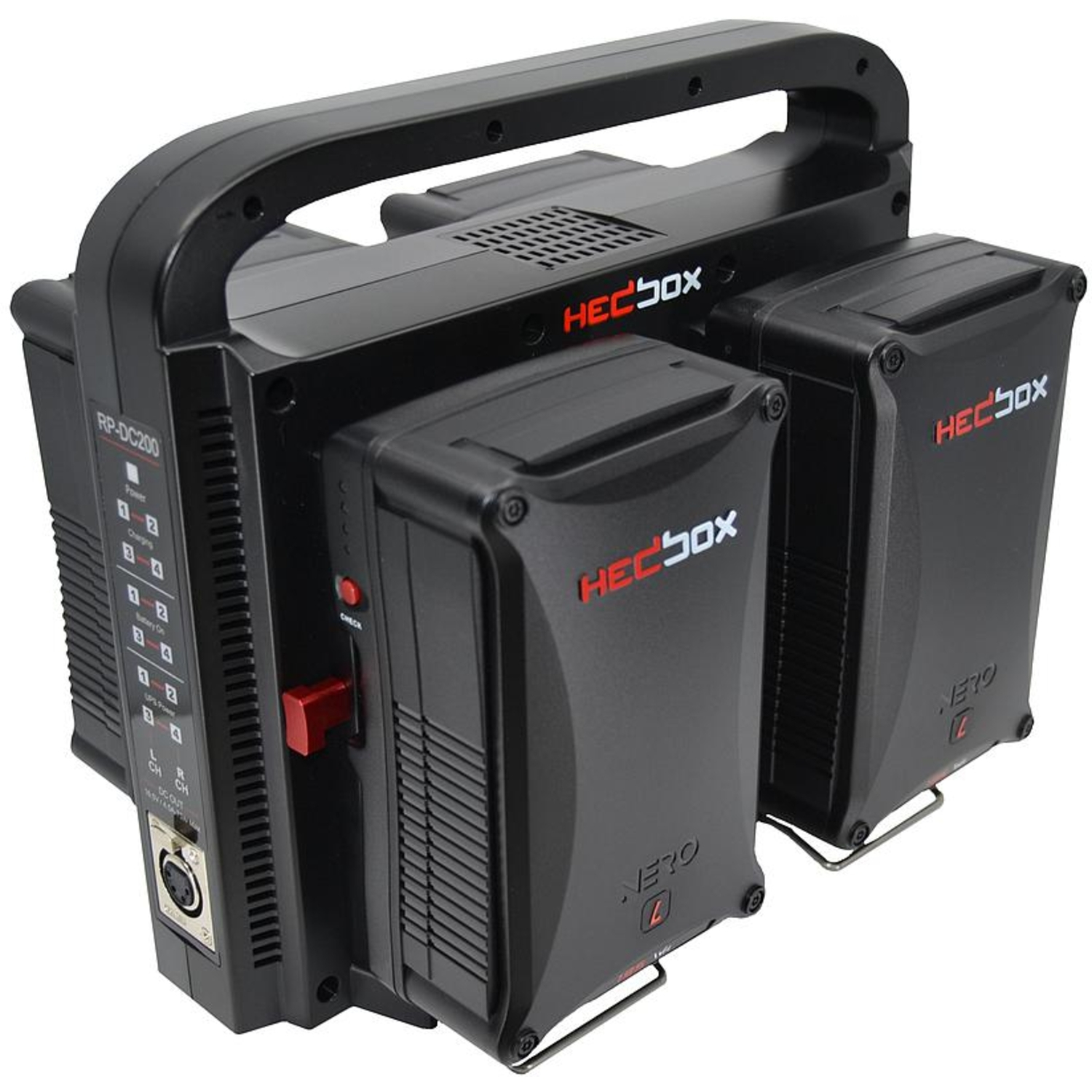 HEDBOX MEGABANK 4L Digitales Vierfach-Akkuladegerät mit vier V-Mount Akkus