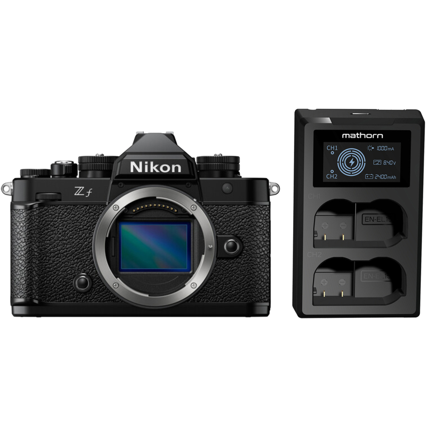 Nikon Z f schwarz mit Mathorn Dual-Akkuladegerät MBC-D210