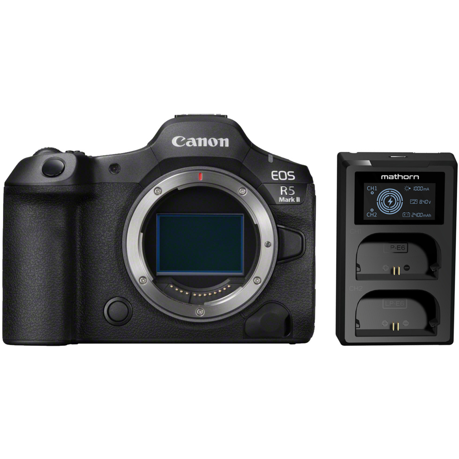 Canon EOS R5 Mark II mit Mathorn Dual-Akkuladegerät MBC-D200 für LP-E6NH