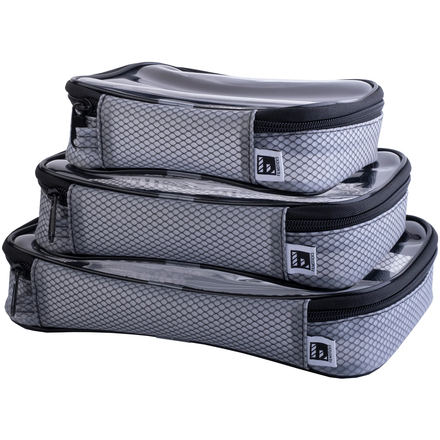 Filmsticks Set mit kleiner, mittlerer und großer transparenter Tasche, schwarz