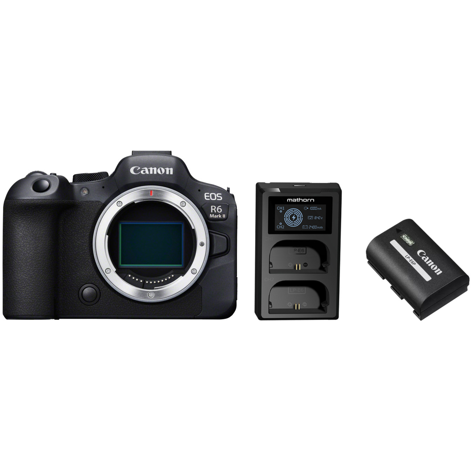 Canon EOS R6 Mark II mit Akku LP-E6P und Mathorn Dual-Akkuladegerät MBC-D200