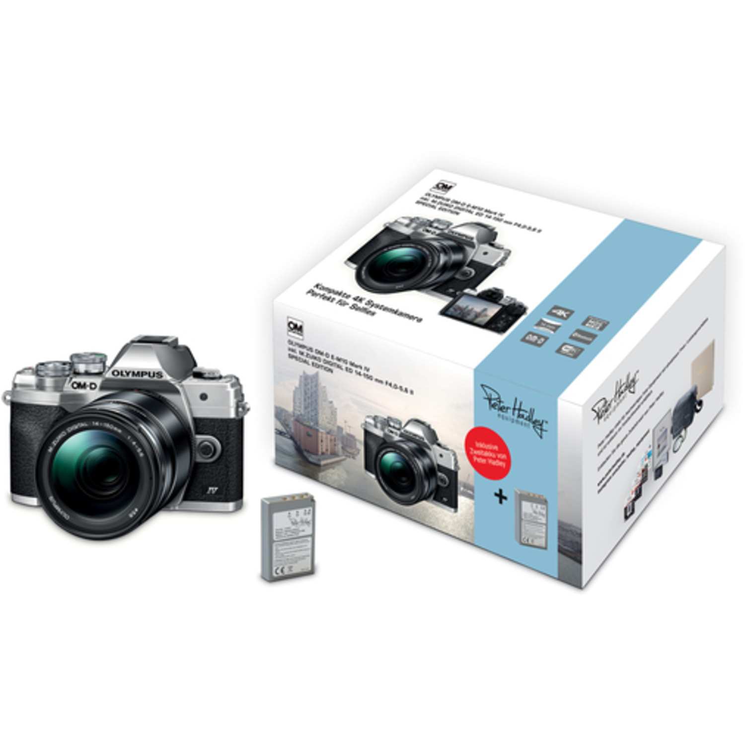 Olympus OM-D E-M10 Mark IV silber Special Edition mit M.Zuiko ED 14-150mm F4.0-5.6 II und Peter Hadley BLS-5 Akku