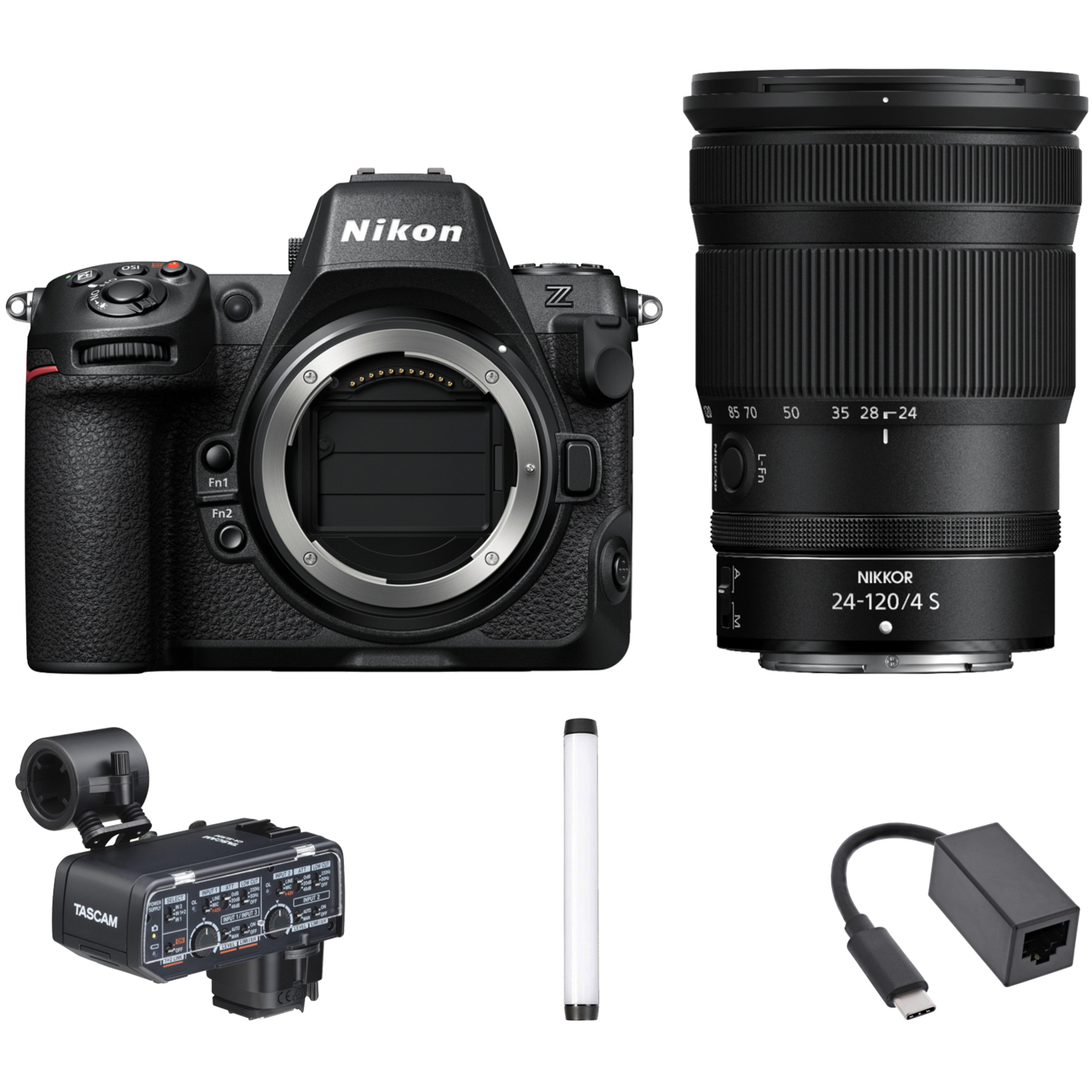 Nikon Z8 mit NIKKOR Z 24-120mm F4 S, Tube Light, Mikrofonadapter und Netzwerkadapter
