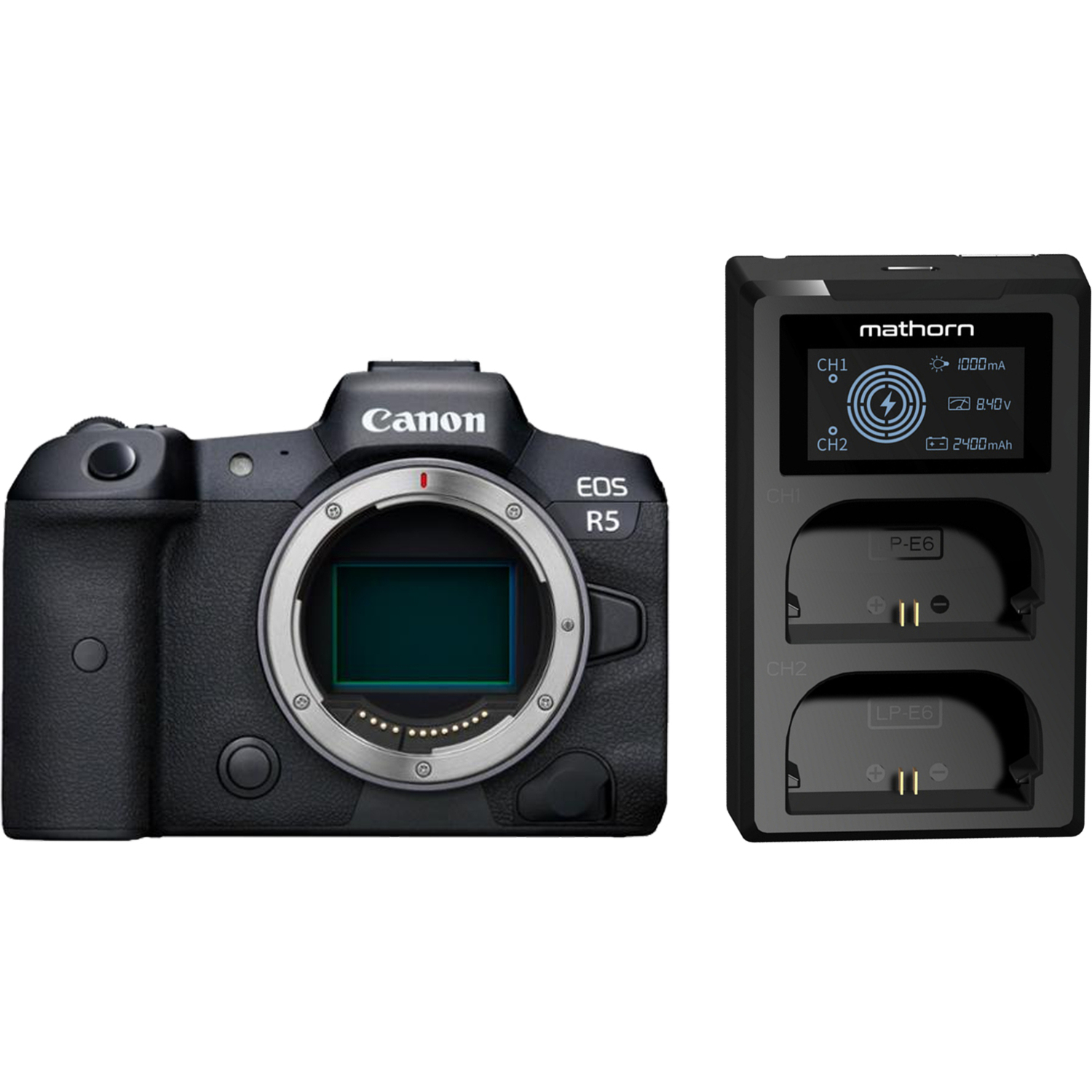 Canon EOS R5 mit Mathorn Dual-Akkuladegerät MBC-D200