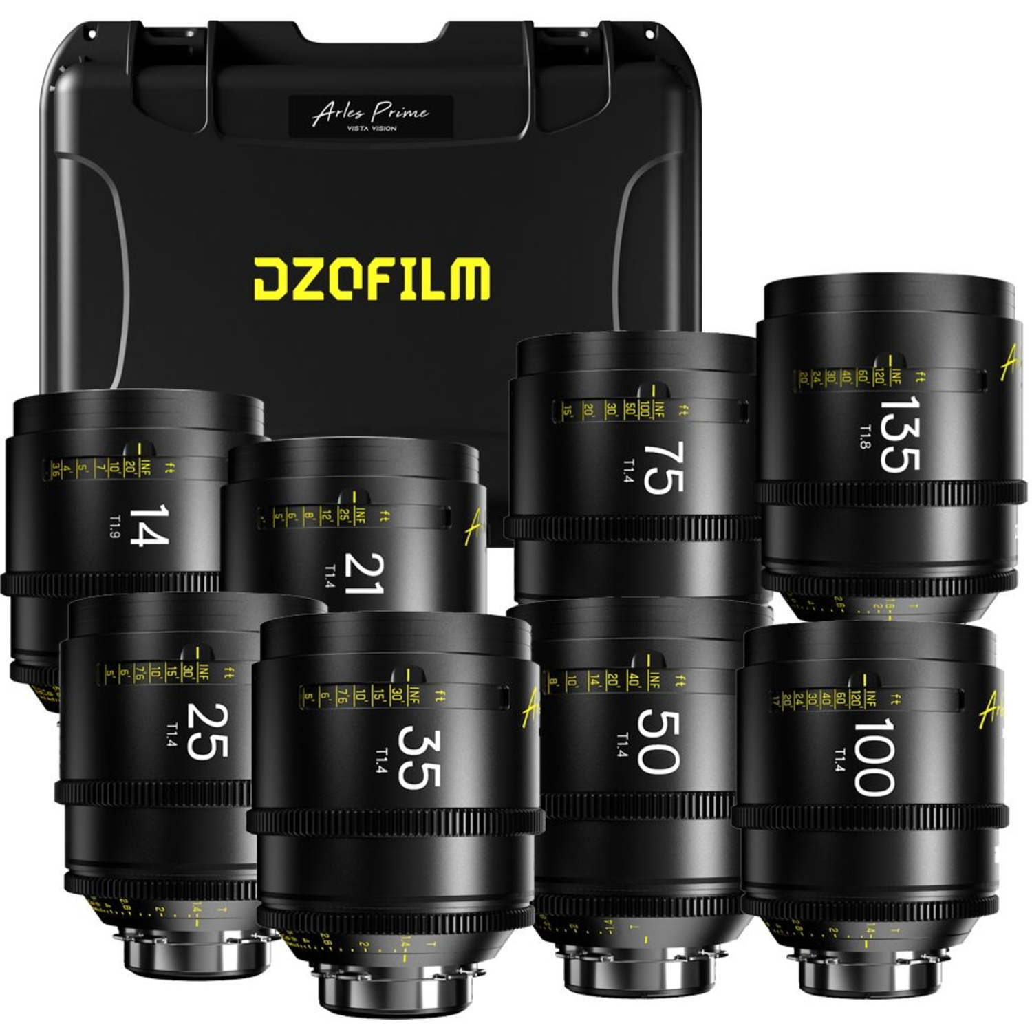 DZOFILM ARLES PRIME 8 Lens Kit 14mm T1.9, 21/25/35/50/75/100mm T1.4 und 135mm T1.8 (FF/VV) Metric für PL-Mount
