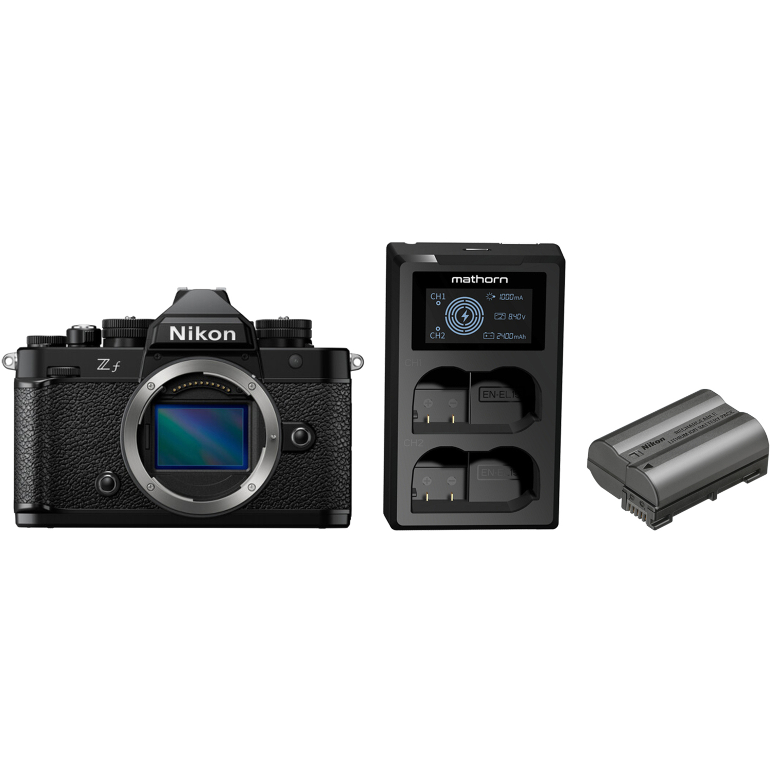 Nikon Z f schwarz mit Akku EN-EL15c und Mathorn Dual-Akkuladegerät MBC-D210