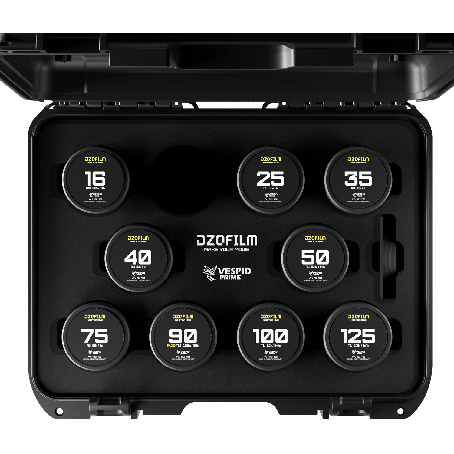 DZOFILM VESPID PRIME 9 Lens Kit 16mm T2.8 und 25/35/40/50/75/90/100/125mm T2.1 (VV/FF) Metric für PL-/EF-Mount