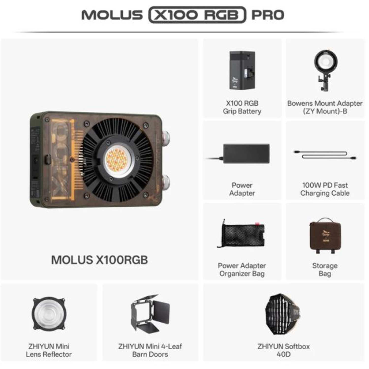 Zhiyun Molus X100 RGB Pro mit Zubehör