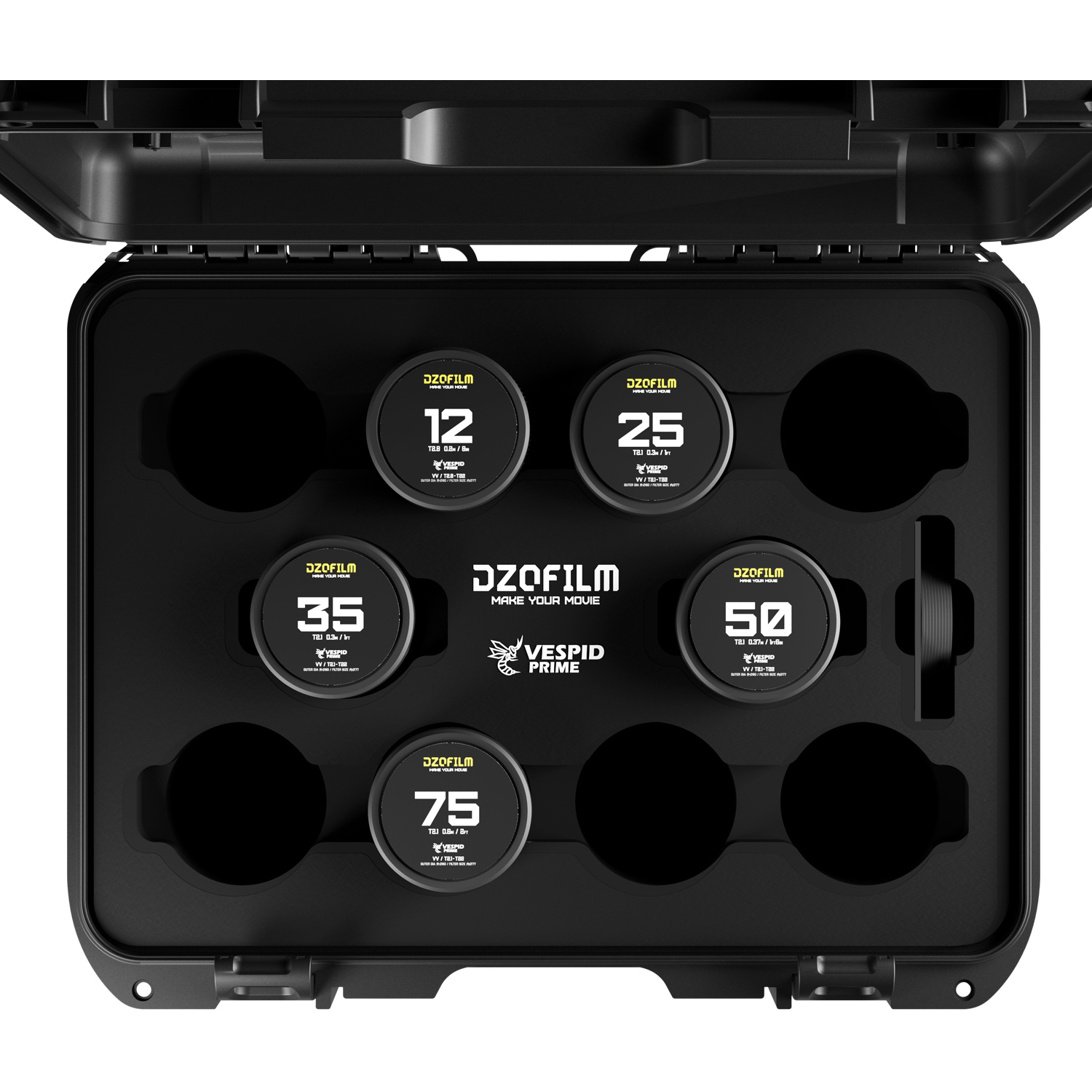 DZOFILM VESPID PRIME 5 Lens Kit 12mm T2.8 und 25/35/50/75mm T2.1 (VV/FF) Metric für PL-/EF-Mount