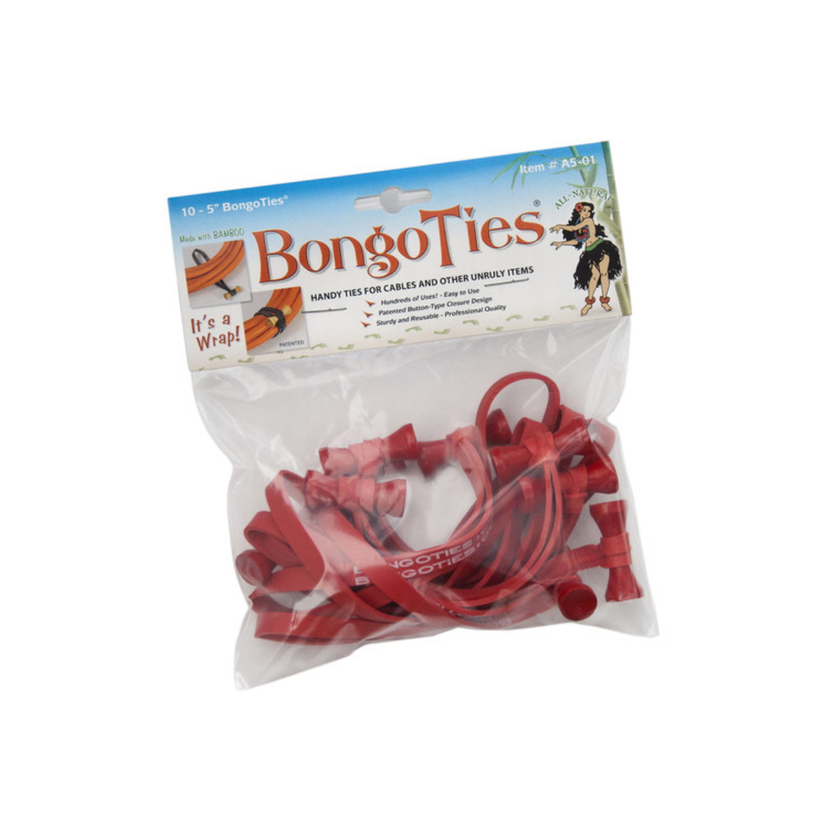 Bongo Ties Wiederverwendbare Kabelschlaufen, 10er Pack, rot