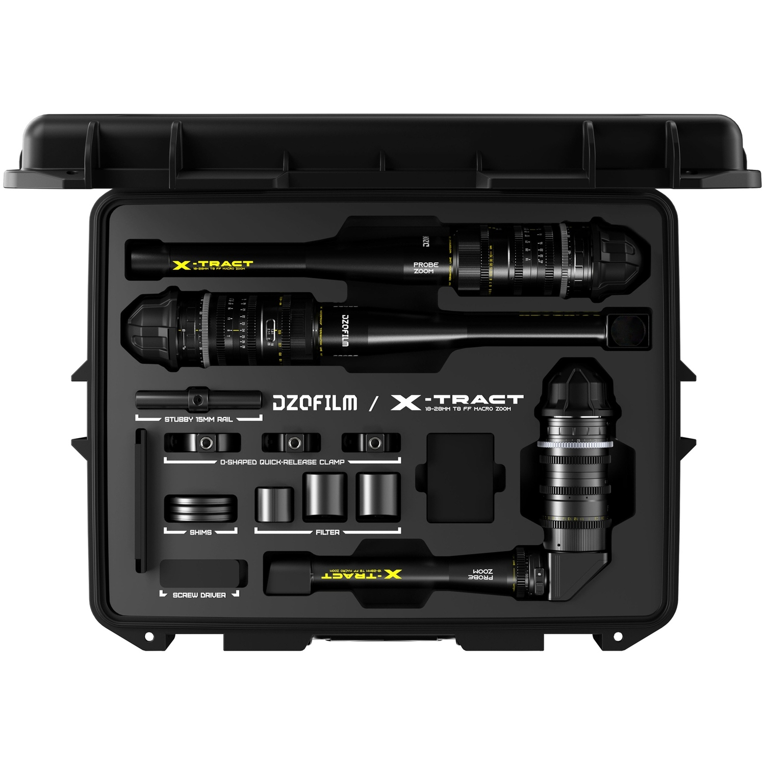DZOFILM X-TRACT 18-28mm T8 mit Frontmodul 0°, X-TRACT 18-28mm T8 mit Frondmodul 90° und X-TRACT 18-28mm T8 mit Frontmodul 360° für PL-Mount
