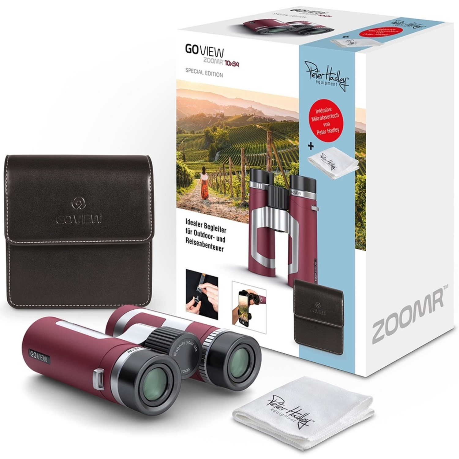 GoView ZOOMR 10x34 Ruby red Special Edition Fernglas mit Peter Hadley Tuch
