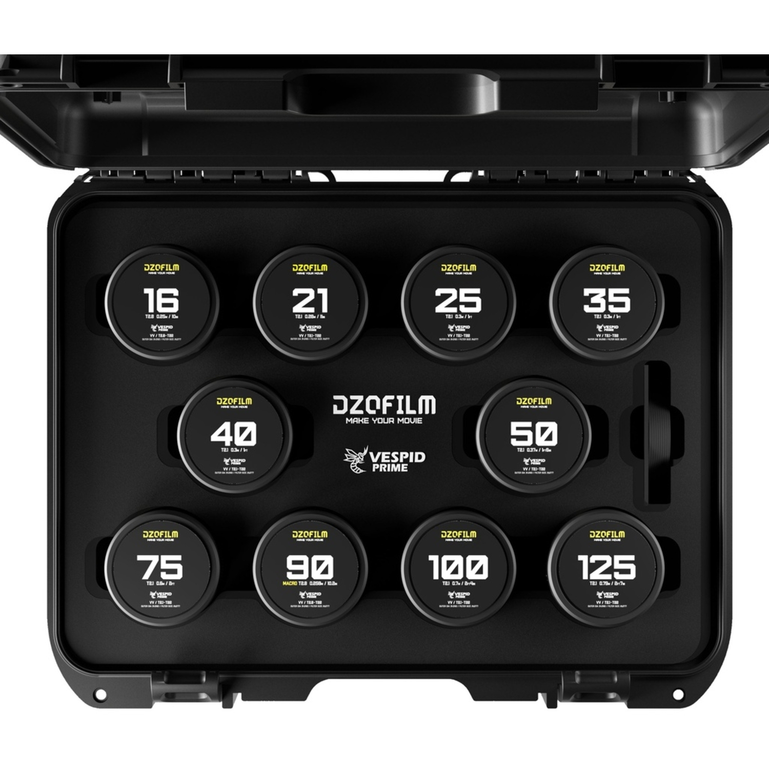 DZOFILM VESPID PRIME 10-Lens Kit 21/25/35/40/50/75/100/125mm T2.1 mit 16mm T2.8 und Makro 90 T2.8 für PL/EF-Mount