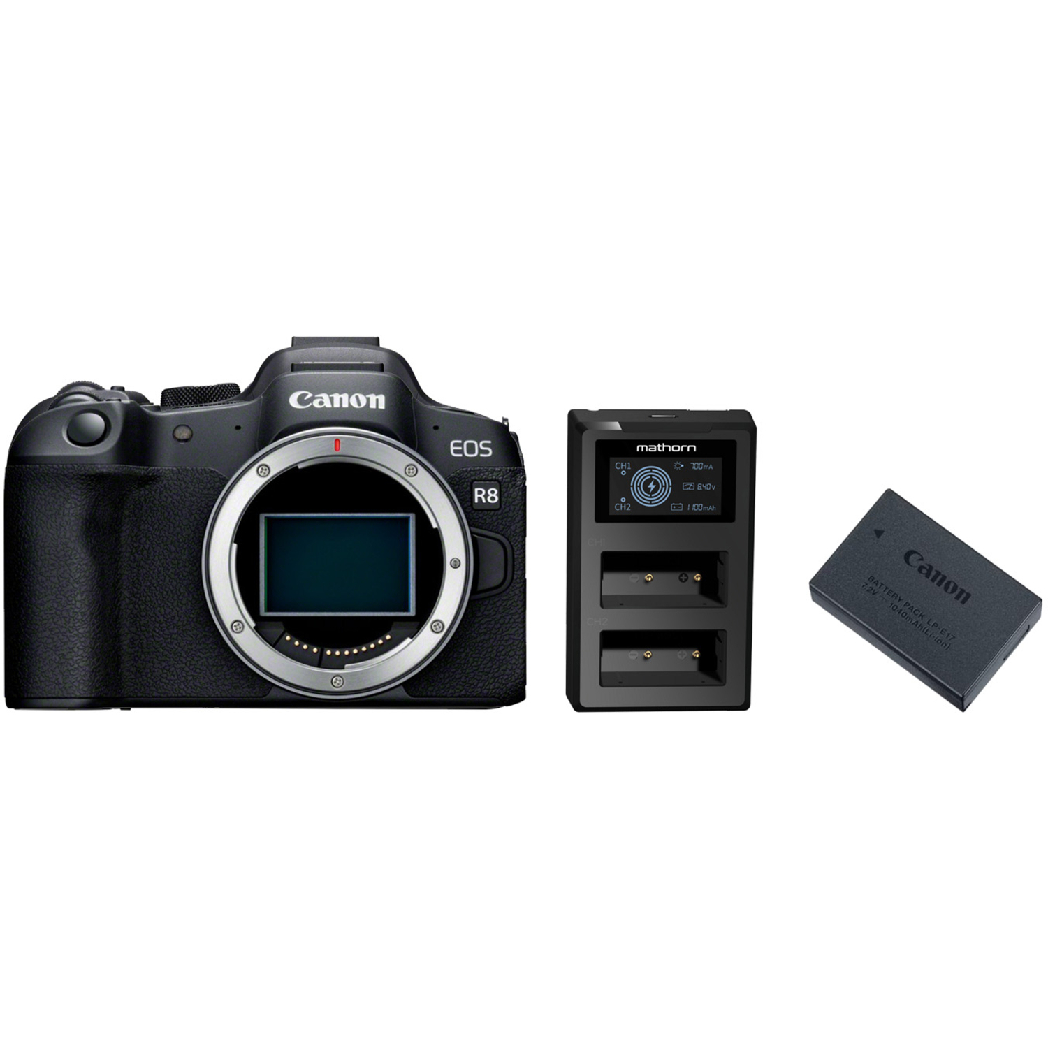 Canon EOS R8 mit Akku LP-E17 und Mathorn Dual-Ladegerät MBC-D10