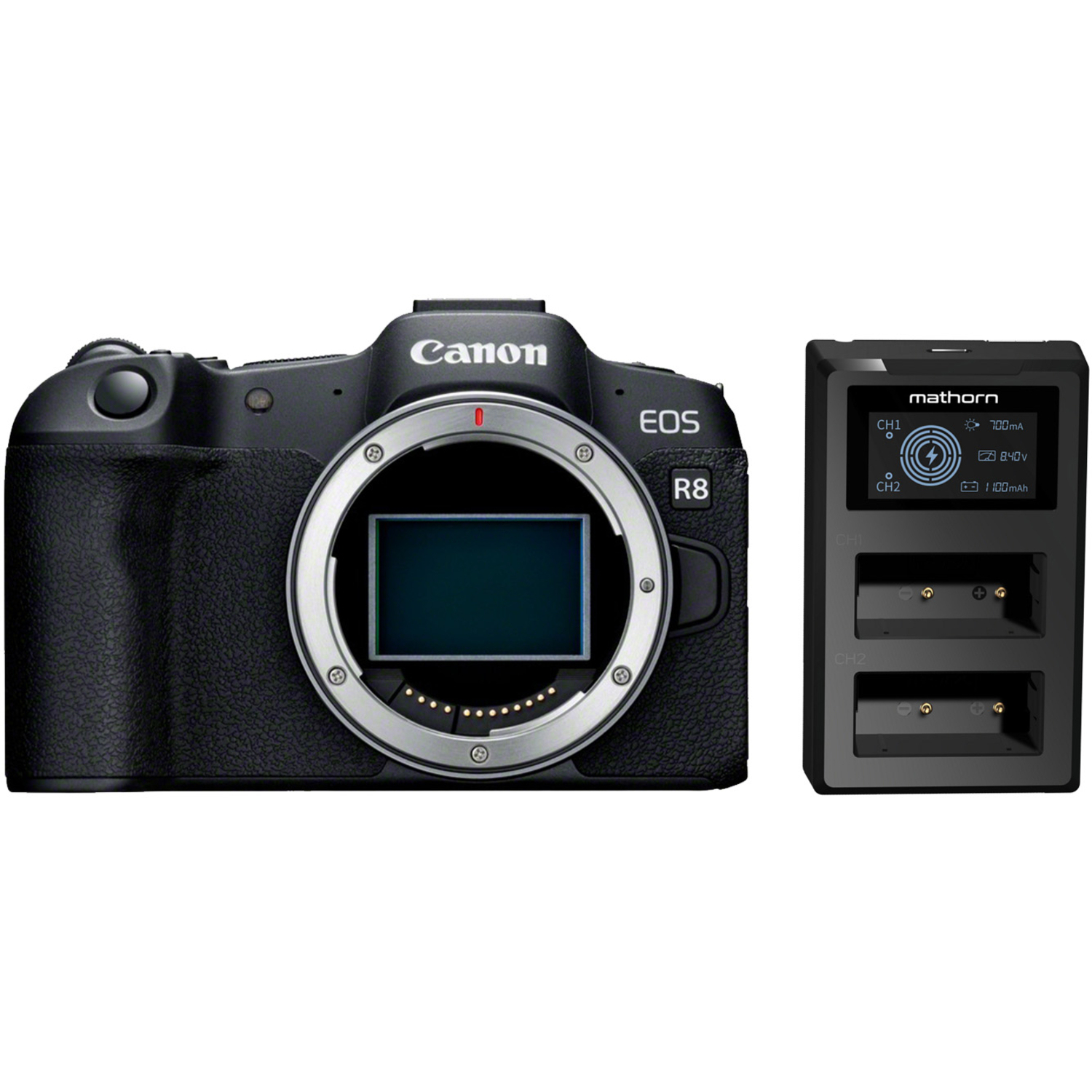 Canon EOS R8 mit Mathorn Dual-Ladegerät MBC-D107 für LP-E17
