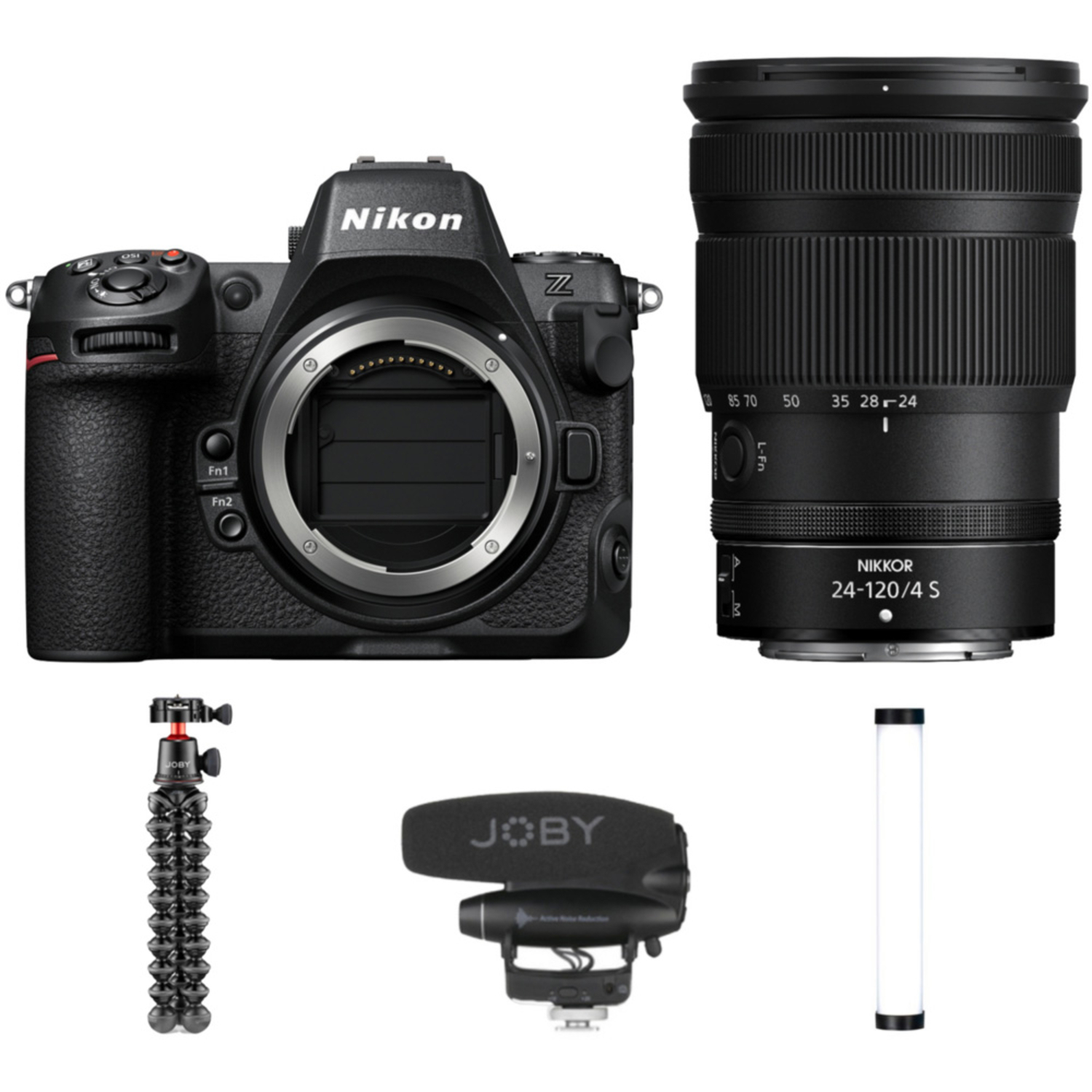 Nikon Z8 mit NIKKOR Z 24-120mm F4 S, Video-Stativ, Studiolampe und Netzwerkadapter