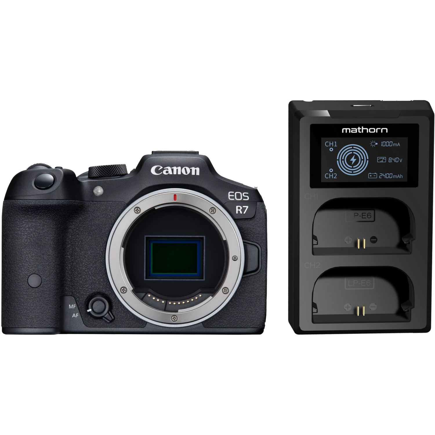 Canon EOS R7 mit Mathorn Dual-Akkuladegerät MBC-D200